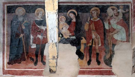 Controfacciata, Madonna con Bambino, Primo maestro di Madonna dei Boschi, ultimo quarto XV secolo.